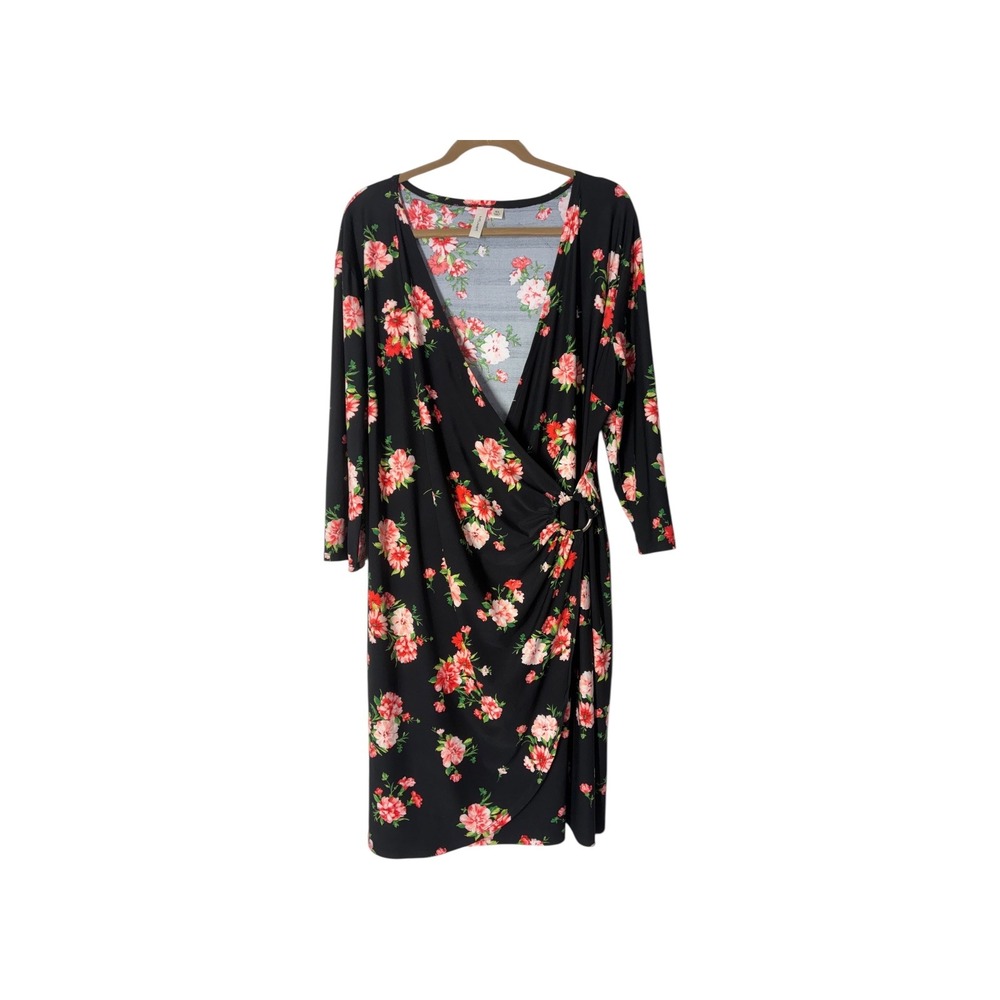 Tacera Womens Black Floral Wrap Midi‎ Dress Long Sleeve Ruched Tie Waist XL